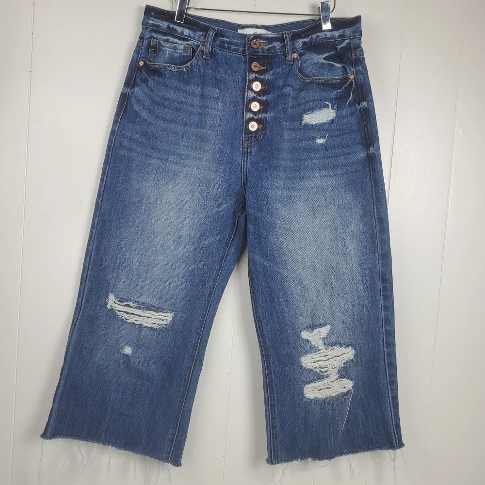 Kancan high waist button fly factory distressed raw hem cropped jeans size 11/29